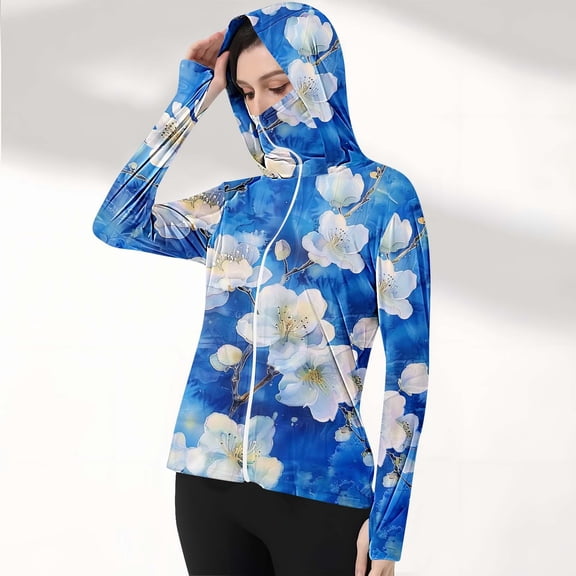 qelini Sun Shirts for Women Long Sleeve UV Protection Zipper Hoodie Shirt with Thumn Hole Lightweight Breathable Printing Clothing with Pocket Running Hiking