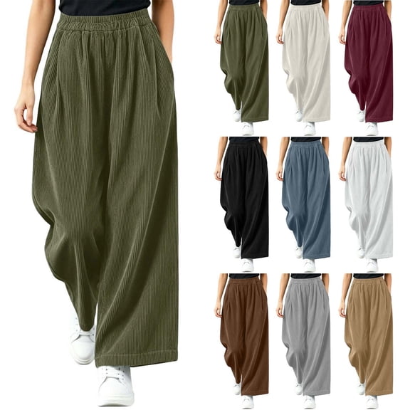 Tqcoqu Women's Corduroy Wide Leg Pants, Elastic High Waist Loose Casual Long Trousers with Side Pockets