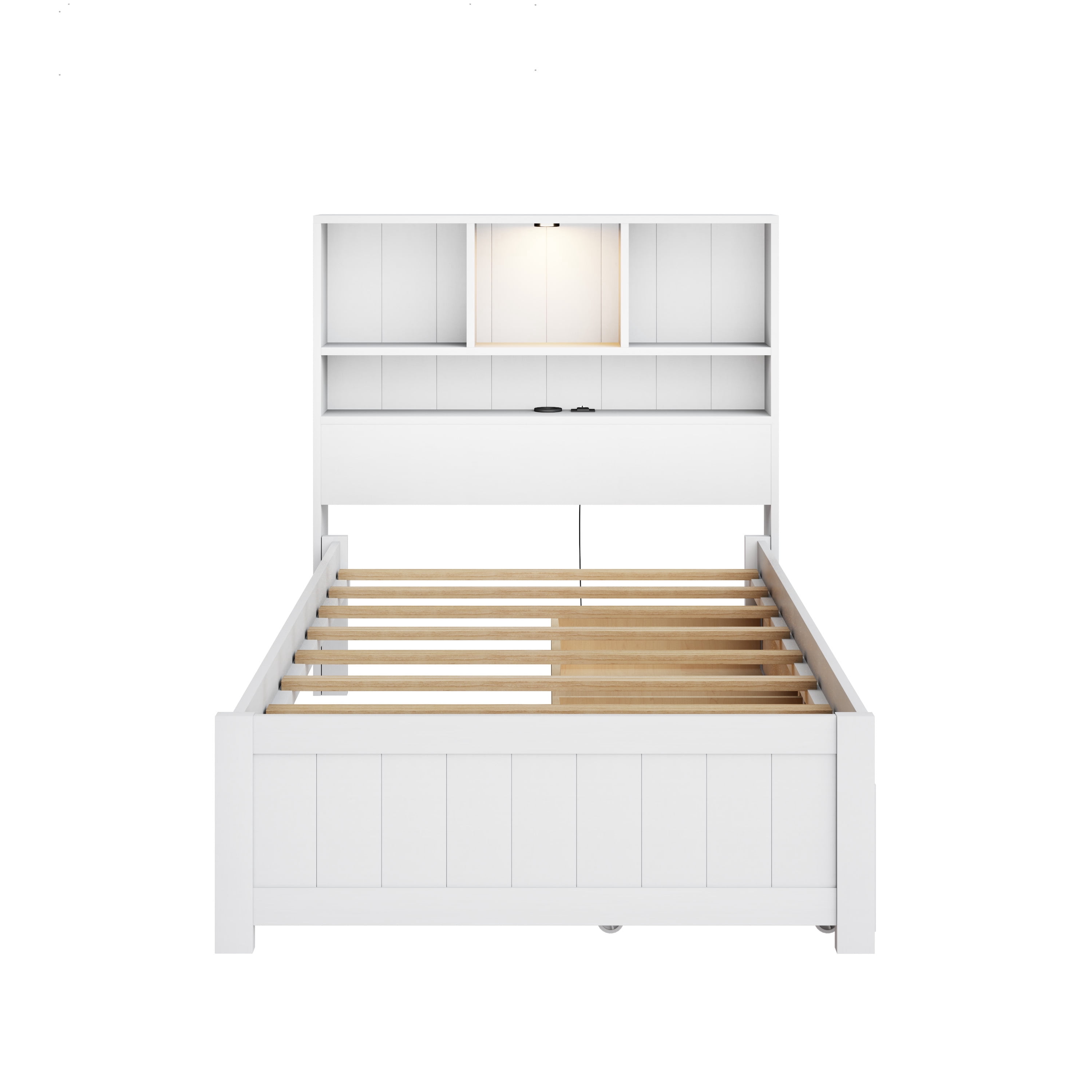 Euroco Wood Twin Size Platform Bed with Storage Headboard and Drawers, LED Light and USB Charging, White