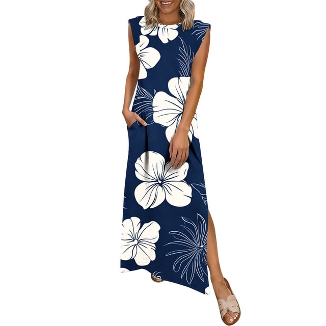 TaTaai Women's Solid Color Round Neck Sleeveless Knee Length Dress Casual Fashion Pleated Front Design with Pockets Soft Breathable Fabric for Spring Summer Daily Beach Vacation Gift