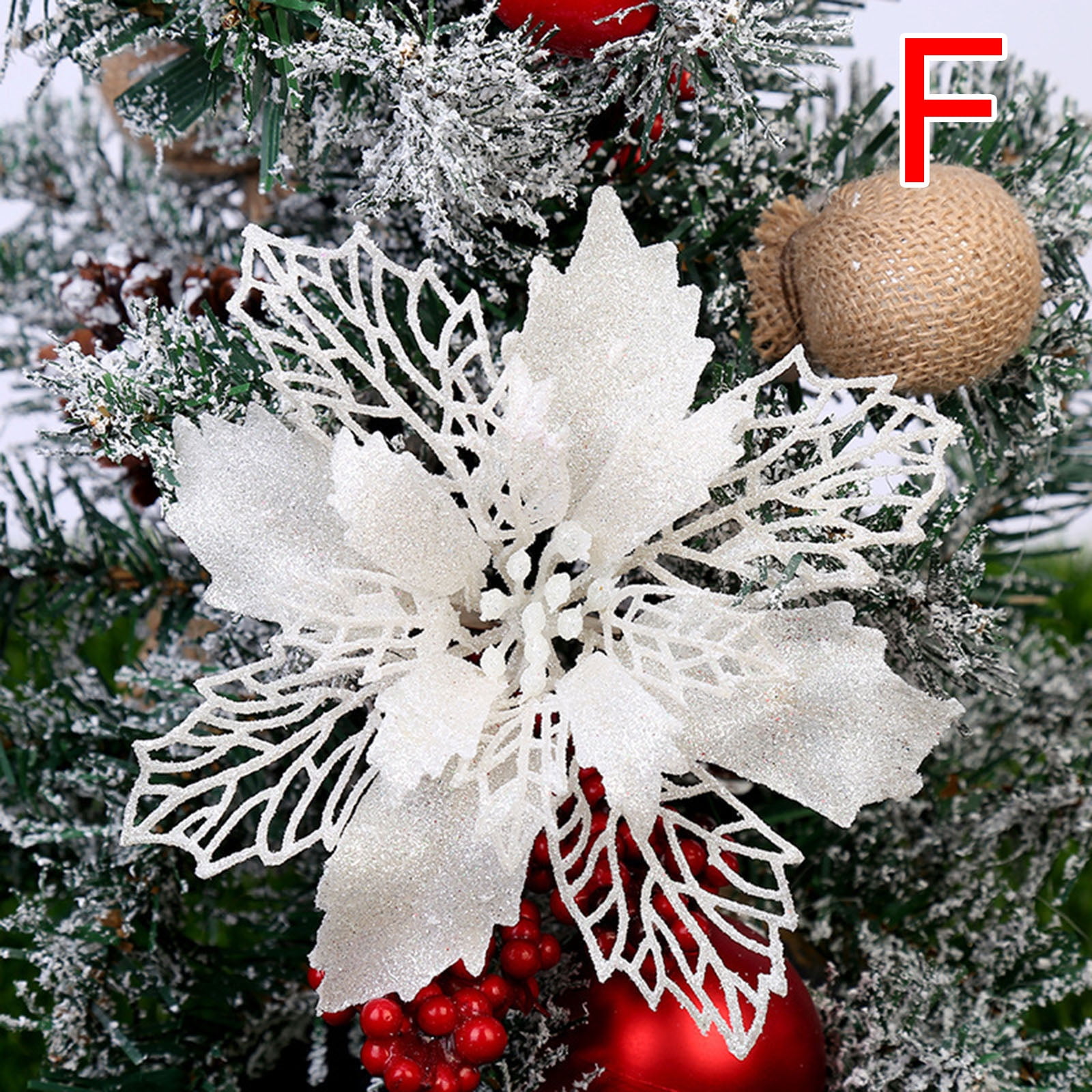 10X Xmas Party Tree Decoration Christmas Glitter Poinsettia Hanging Flowers 