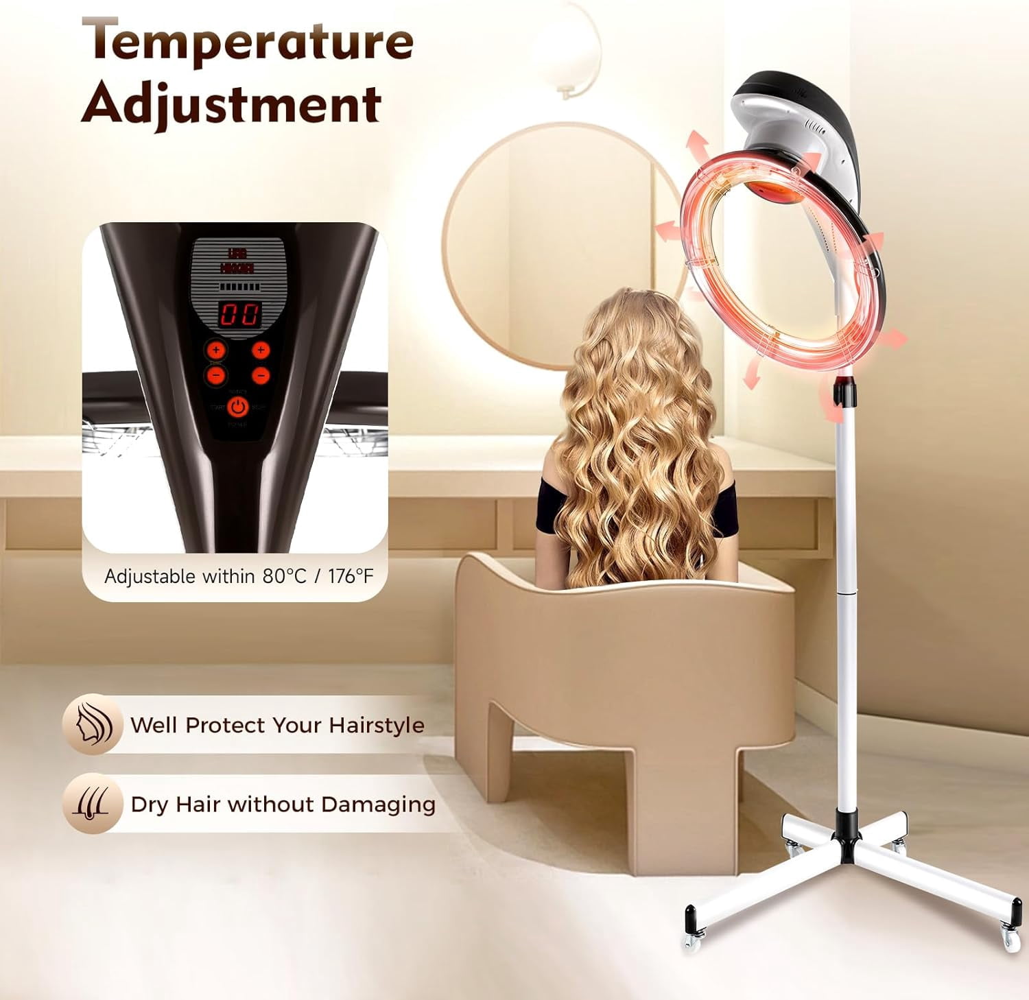 Stand Hair Dryer,360° Orbiting Infrared Hair Dryer, Orbiting Rotating Hair Processor with Rolling Base,Hair Steamer Standing Professional Color Processor Drying Perming Machine Grey