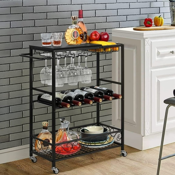 Modern 3-Tier Kitchen Rolling Wine Cart Glass Stemware Rack Wine Bottle Holders
