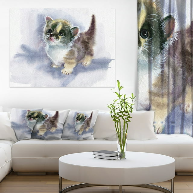 Cute Kitten on Blue Watercolor - Animal Canvas Art Print