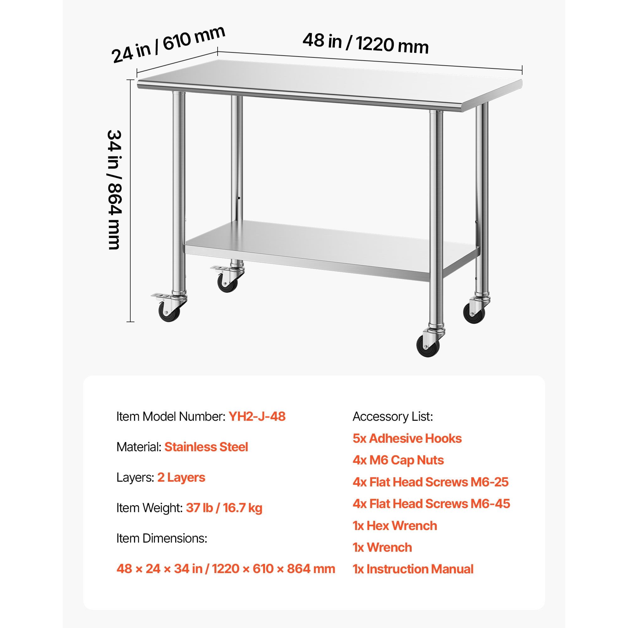 KFFKFF Stainless Steel Work Table, 24x48 inch Food Prep Station with Wheels and Backsplash, Adjustable Undershelf Metal Utility Table for Kitchen, Home, or Outdoor Use