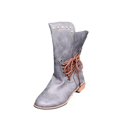 

jsaierl Women s Shoes Laceing Low Heel Rivets Zipper Fashion Shoes Mid Leather Boots