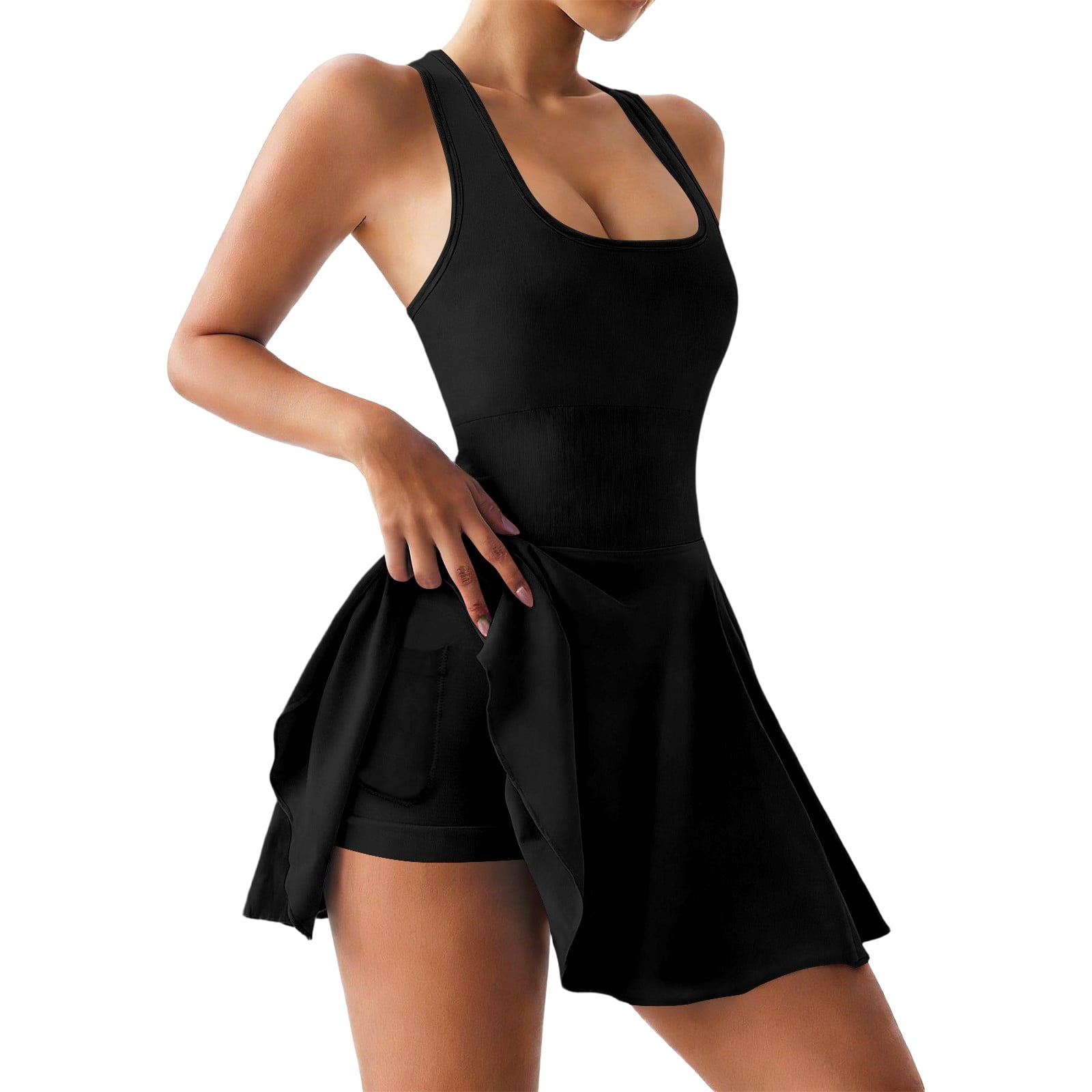 Letdown Athletic Dress for Women Built in Shorts U Neck Womens Tennis Dress Pleated with Pockets Sleeveless Go|f Clothes
