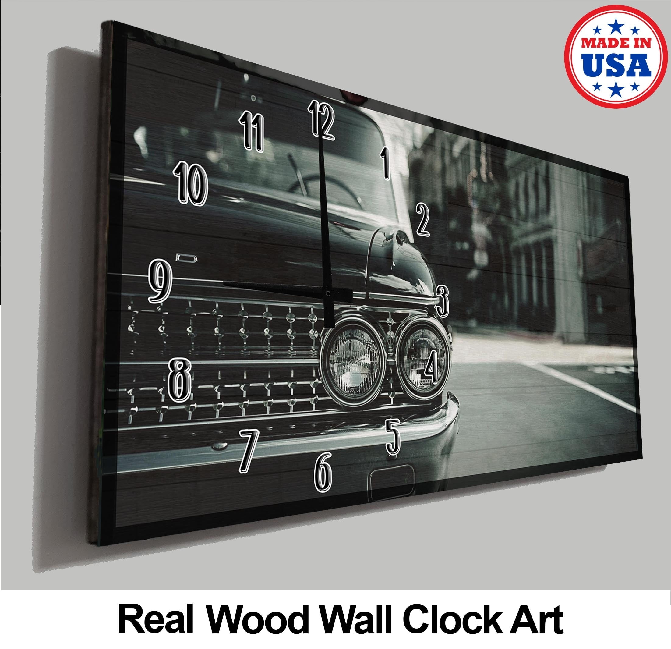 Vintage Car Wall Clock Black And White Old School Classic Car Downtown