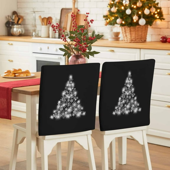 Black Christmas Tree Chair Covers Set of 8 Simple Shiny Winter Xmas Tree Snowflakes Chair Back Covers Stretch Removable Washable Slipcovers Protector for Dining Room Kitchen Party Decor