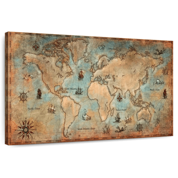Elephant Stock Pirate World Map Wall Art - Horizontal Canvas Wall Art - Living Room Wall Decor - Map Canvas - Beige And Gray Decor - 12" x 8"
