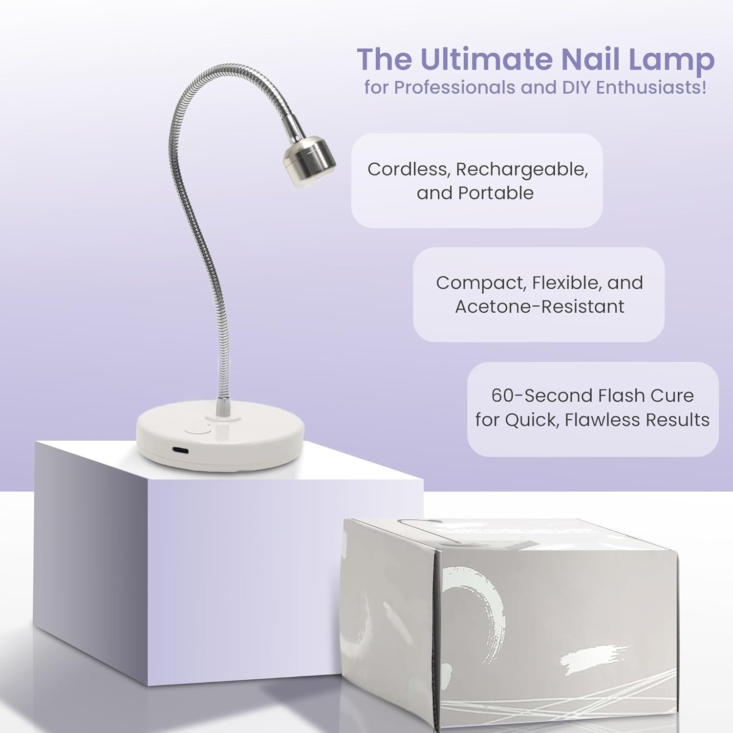 Flash Cure UV Nail Lamp – Gooseneck Gel Nail Light – Cordless Rechargeable LED Curing Lamp for Home & Salon Use – Silver, 3W