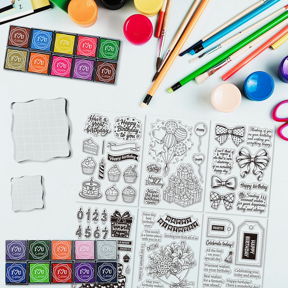 DIY Scrapbooking Stamp Kits including Acrylic Stamping Blocks Tools PVC Plastic Clear Stamp Plastic Craft Finger Ink Pad Stamps Set Mixed Shapes