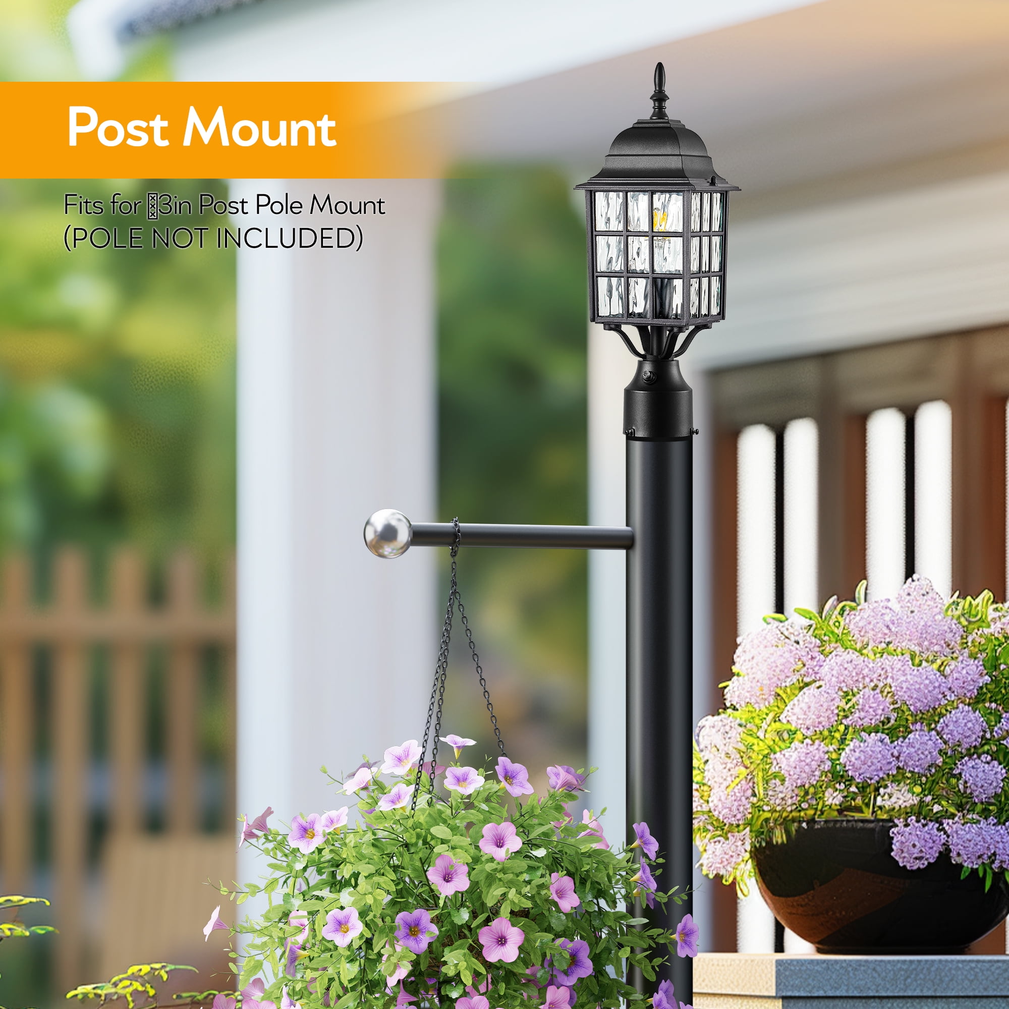 VIANIS Lamp Post Light Fixture with Mount Base, Modern Black Exterior Post Lantern Fixture with Tempered Glass, Anti-Rust Aluminum Light Posts for Outside for Driveway, Backyard Patio Garden, E26