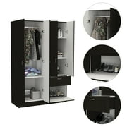 Depot E-Shop Itaca Armoire with 2 Double Door Cabinets, Drawer, 5 Interior Shelves, Lower Cabinet, and Hanging Rod, Black / White
