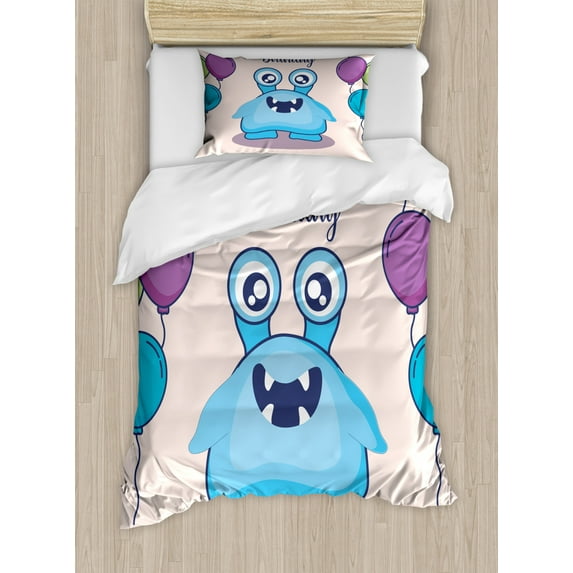 Alien Duvet Cover Set Twin Size, Happy Birthday Typography with Funny Monster, Decorative 2 Piece Bedding Set with 1 Pillow Sham, Pastel Pink Pale Purple Pale Eggshell Deep Sky Blue, by Ambesonne