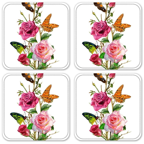 Vinyl Drink Coasters - Set of 4 - Butterflies on Roses