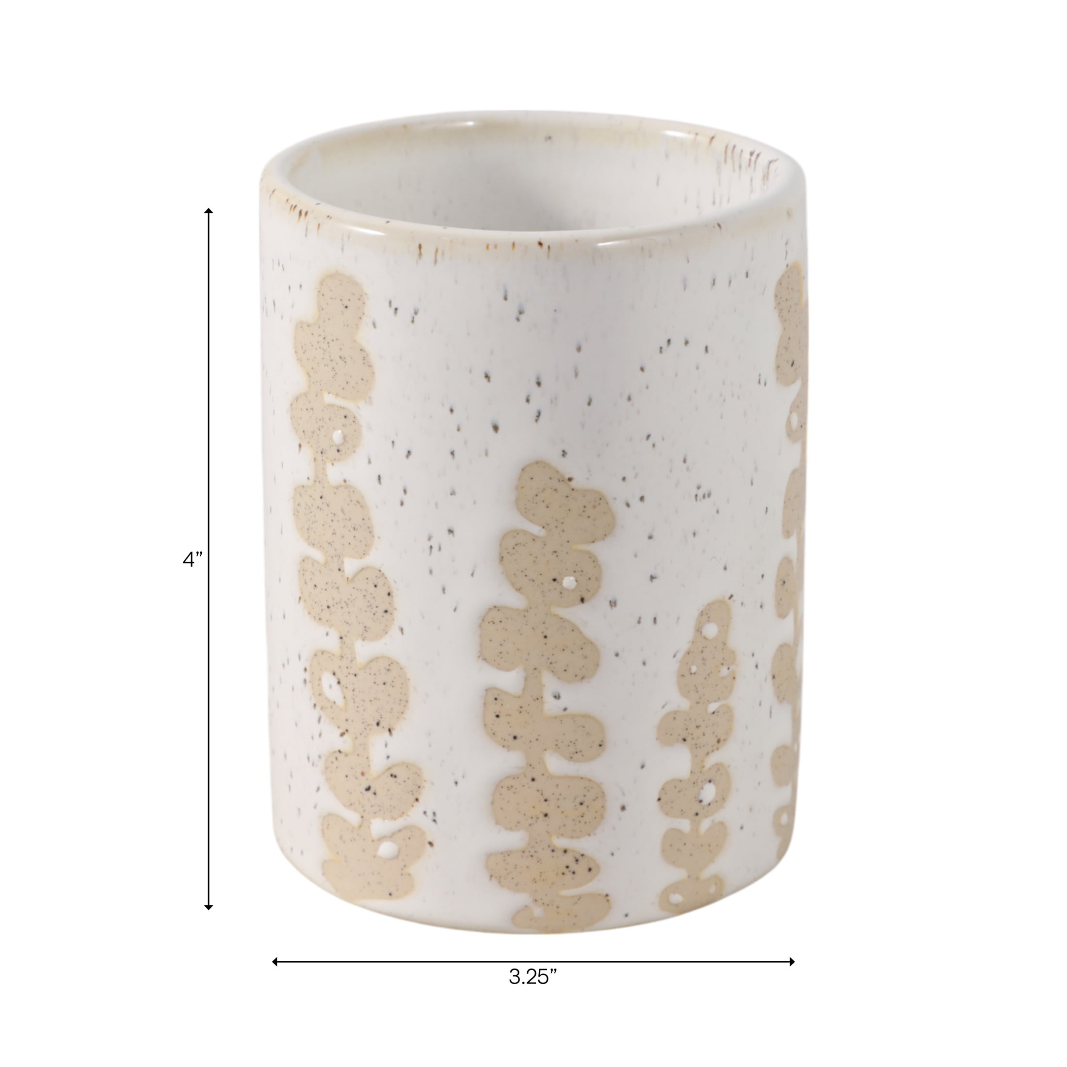Decorative Desk Organizer with Wild Plant Print Design - Desktop Storage for Workspace Accent or Small Desk Decor - Functional Office Accessory for Bathroom, Bedroom, or Home Decor - 4", Tan & Ivory