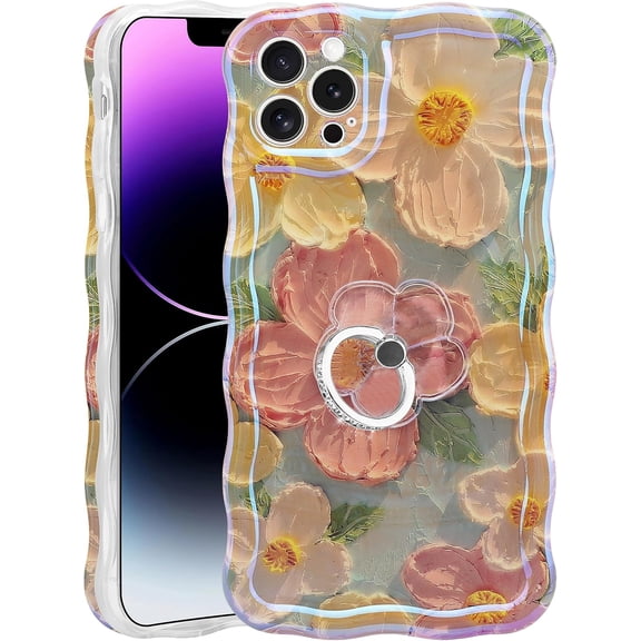 Oil Painting Flower Compatible with iPhone 12 Pro Max Case with Ring, Colorful Retro Floral Cute Curly Wave Frame Women Girls Cover for Apple 12 Pro Max (Green)