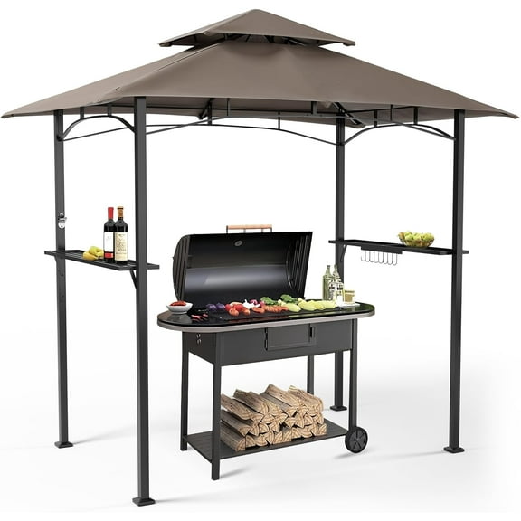 SUNCROWN Outdoor Grill Gazebo 8 x 5, Patio Double Tiered BBQ Canopy w/Air Vent, Gazebo Canopy with 8 Hook Tools for Barbecue Picnic Garden, Backyard, Poolside, Brown