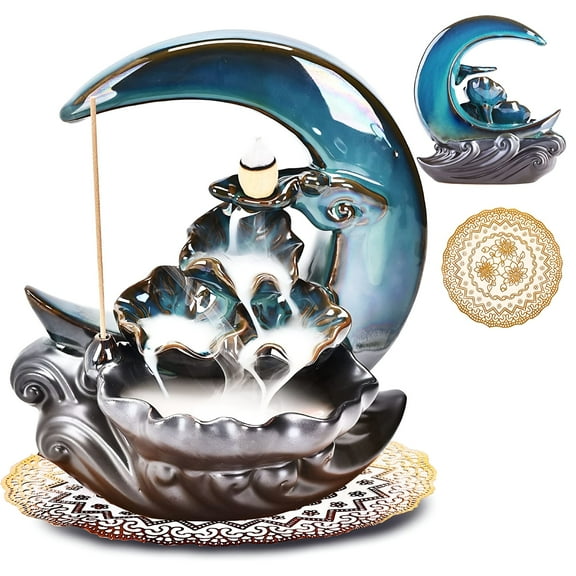 ACDANC New Moon Backflow Incense Holder,Ceramic Hand-Made Incense Fountain Burner with 100 Backflow Incense Cones,Fragrance Incense Stick,Mat,Aromatherapy Home Decoration