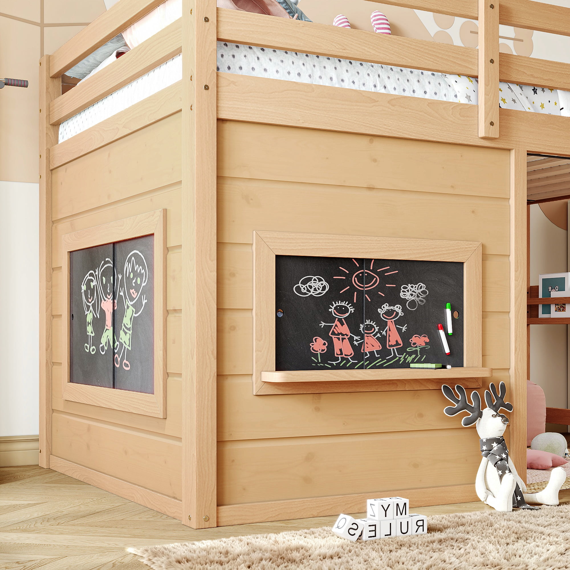 Leumius Twin Size Loft Bed with Storage Shelves,Solid Wood Low Loft Bed Frame with Chalkboard and Bookshelf,Space Saving,Light Natural