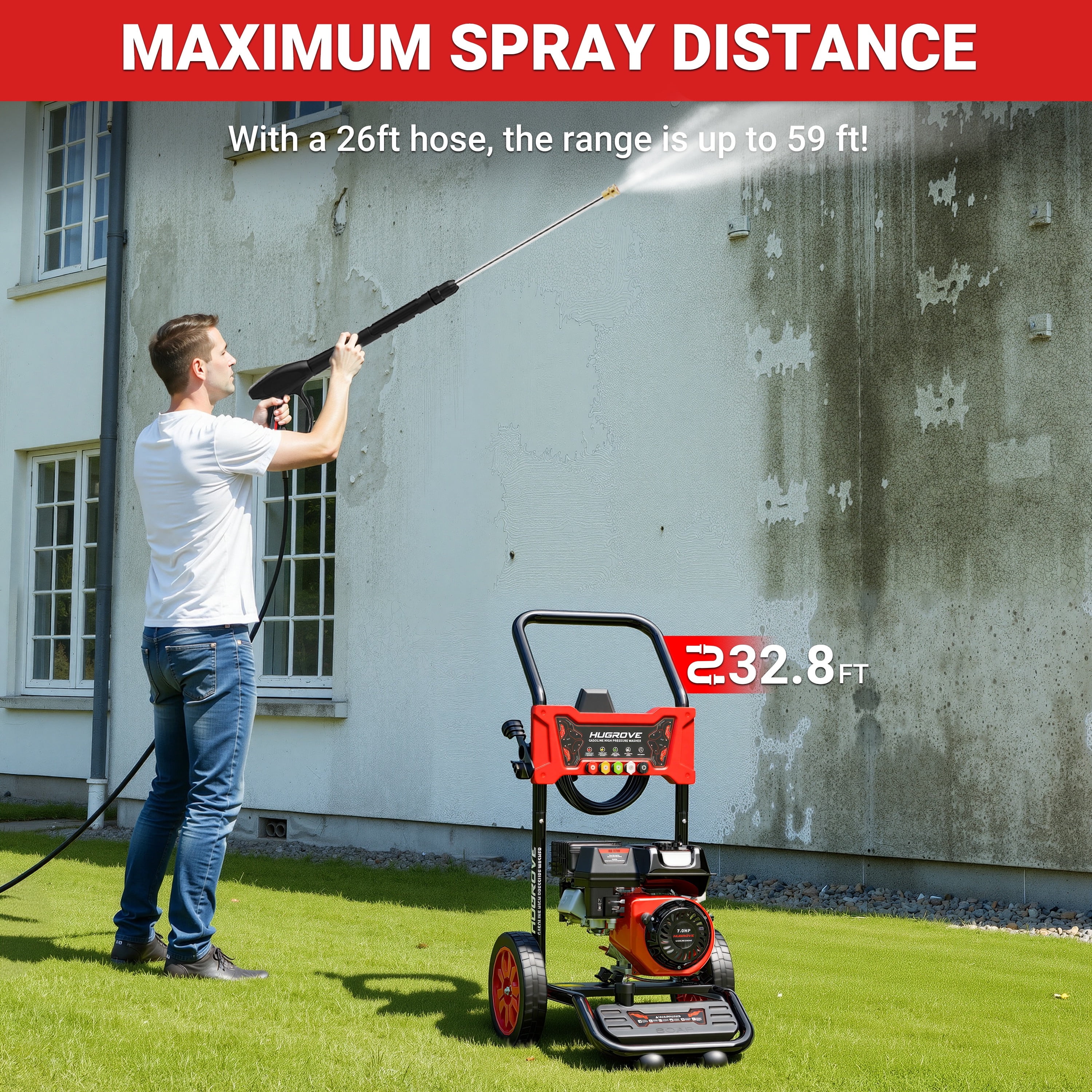 Seizeen 3600PSI Gas Powered Pressure Washer – 7HP Aluminum Pump, Built-In Foam Cannon, 4 Nozzles, 2.6GPM Flow Rate, 32.8FT Max Spray Distance