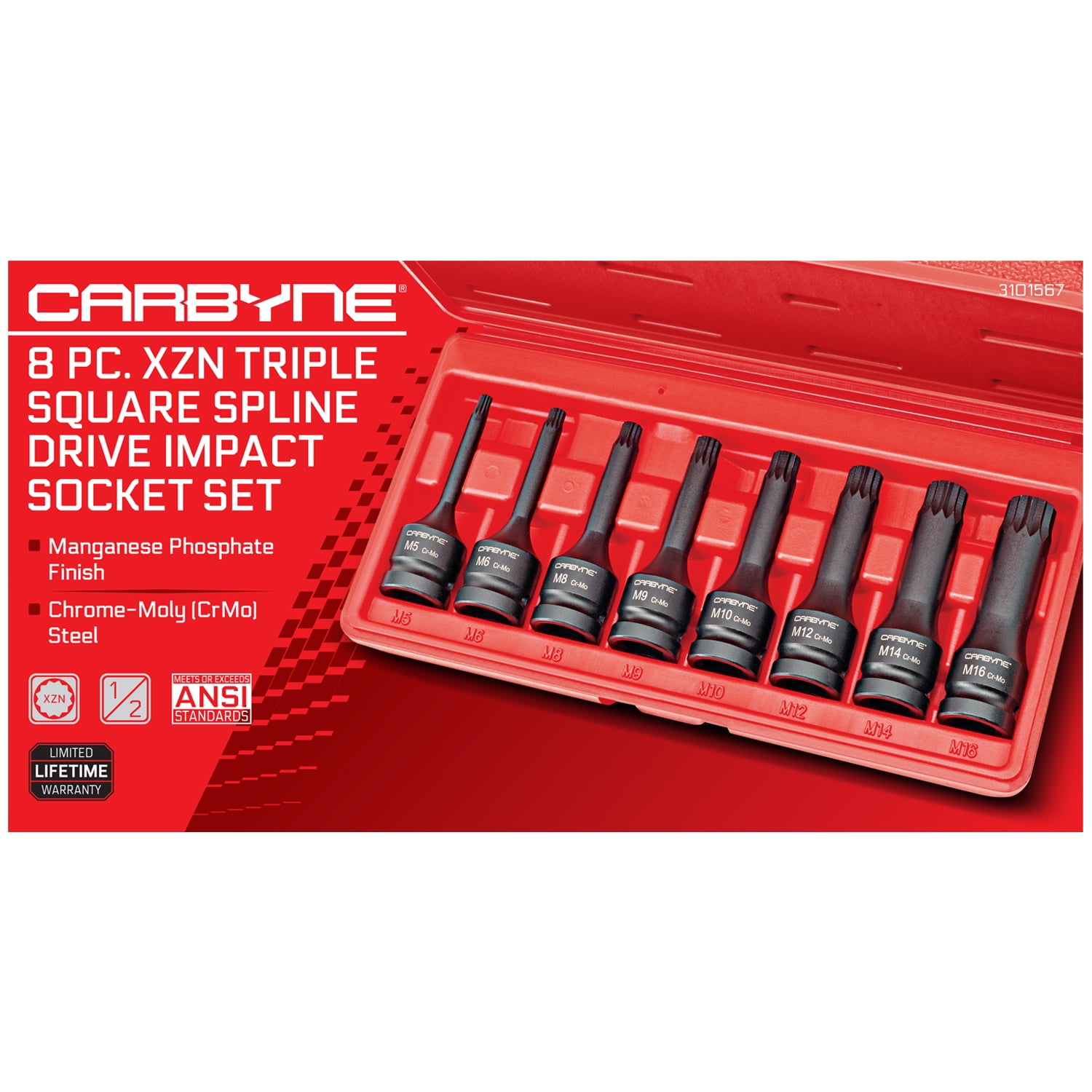 Carbyne 8-Piece XZN Triple Square Impact Bit Socket Set, 12 Point, M5 to M16, 1/2 in. Drive, CrMo Steel, Manganese Phosphate Finish