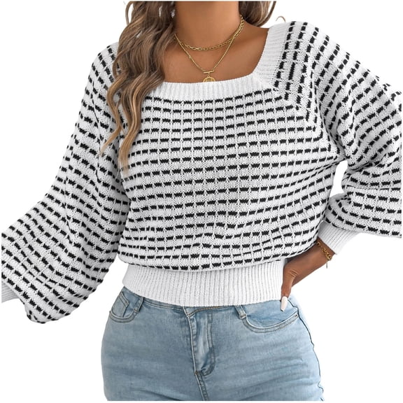 Women Plaid Knit Sweater Squares Neck Long Puff Sleeve Waist Cuffs Short Knitwear Pullover Tops for Casual Daily Wear White S