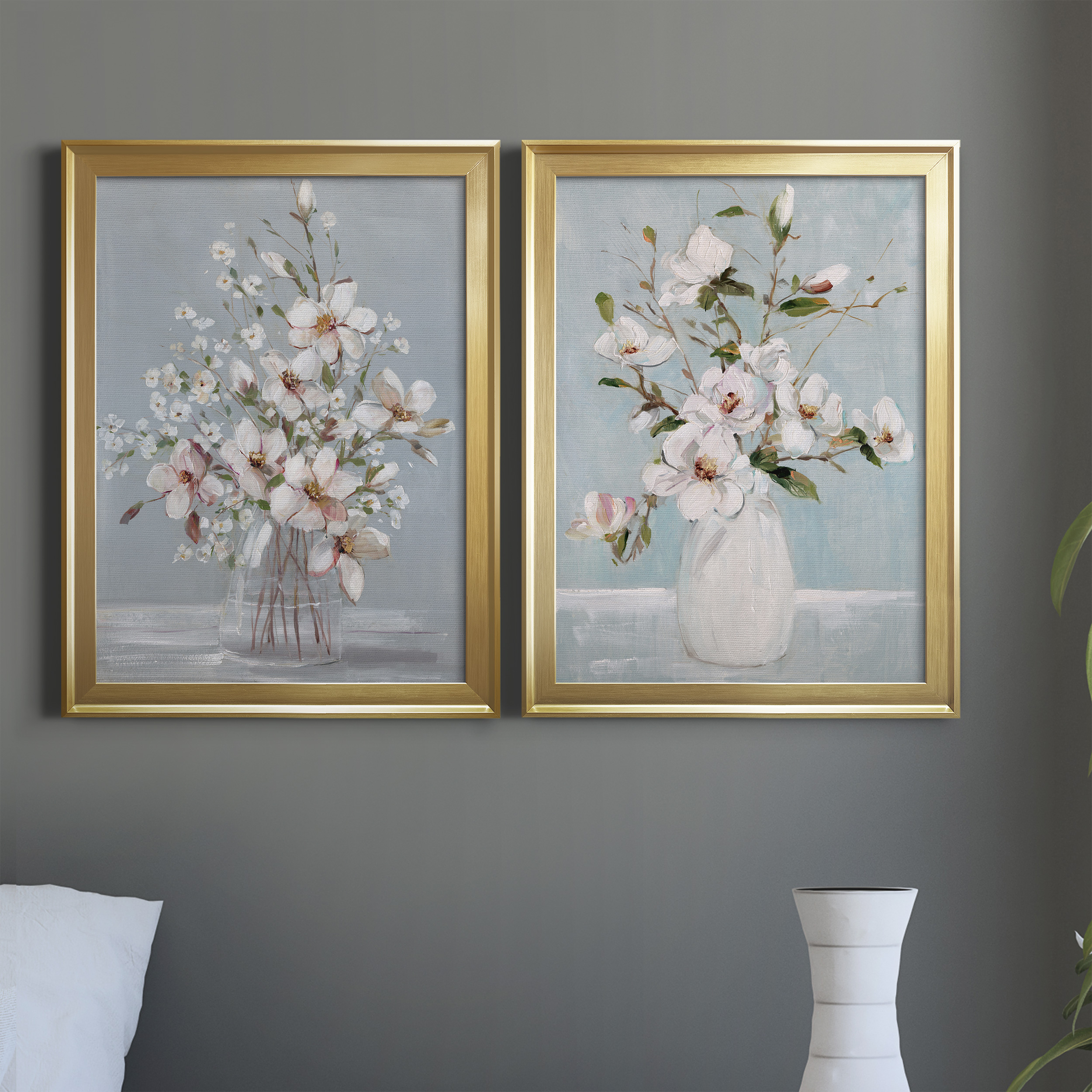 2 Piece Set Magnolia Romance Premium Framed Canvas - Ready to Hang - 22.5 x 30.5 Each - Gold Frame