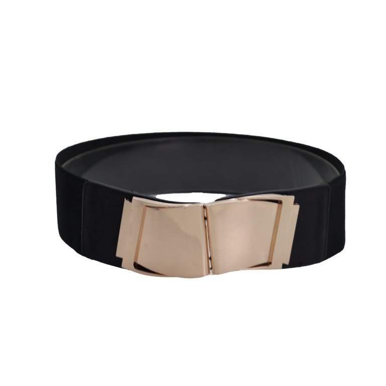 Women Black Faux Leather Stretch Belt Gold Wave Buckle S M  display picture 1