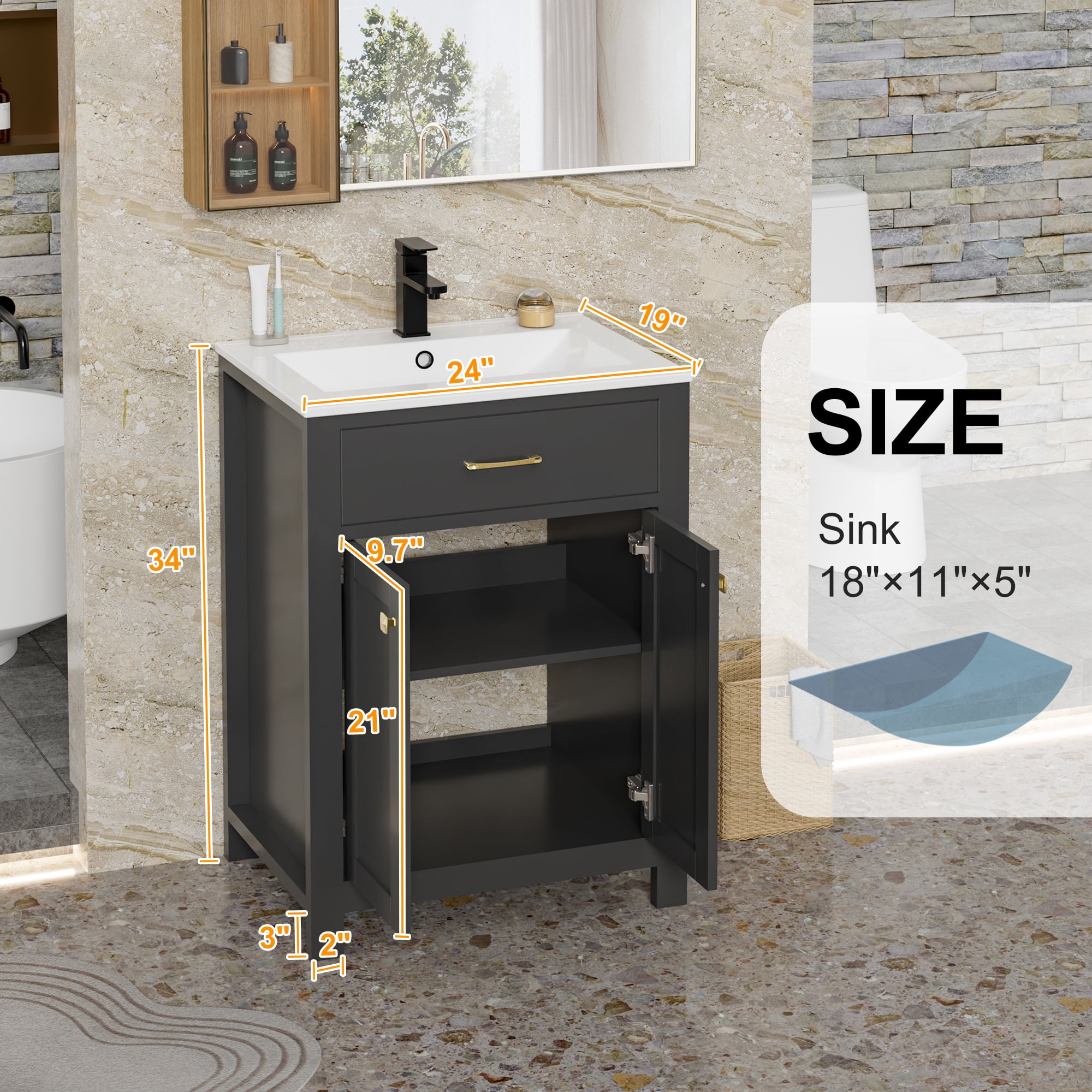 Eclife 24-Inch Freestanding Single Bathroom Vanity with Ceramic Sink Top