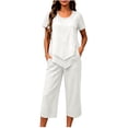 thumbnail image 2 of Costeam Womens Linen Textured 2 Piece Casual Outfits Crew Neck Short Sleeve Top Elastic Waist Capri Pants with Side Pockets Solid Color Loose Fit Lightweight Summer Daily Co Ord Set, 2 of 6