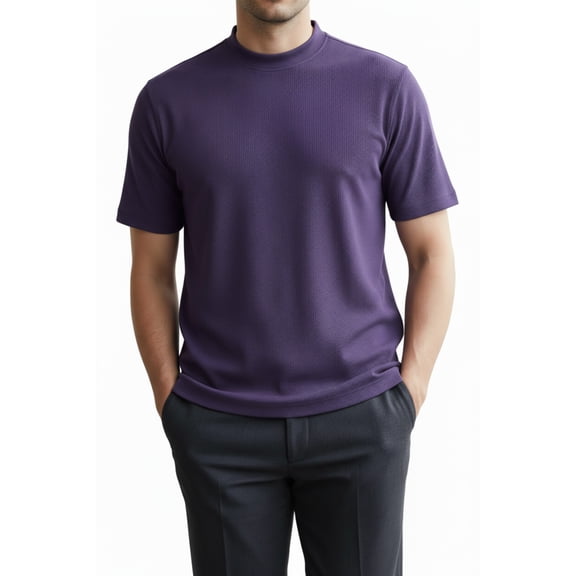 Mens Dressy T-Shirt  Log-In Uomo Soft Crew Neck Corded Short Sleeves 218 Purple