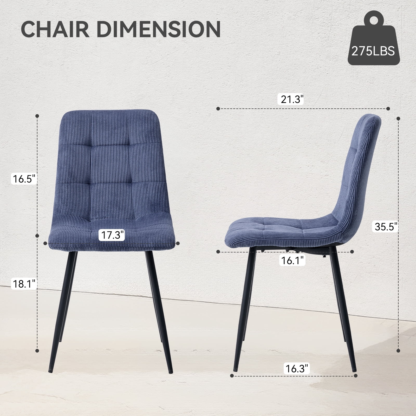Corduroy Dining Chairs Set of 4, Modern Upholstered Fabric Kitchen Chair for Living Dining Room, Apartment, Blue