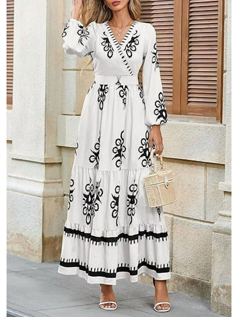 Prettygarden Women's Fall Wedding Guest Dresses Boho Floral Long Sleeve V Neck Flowy Elegant Maxi Dress Beach Clothes, Size: Medium, White