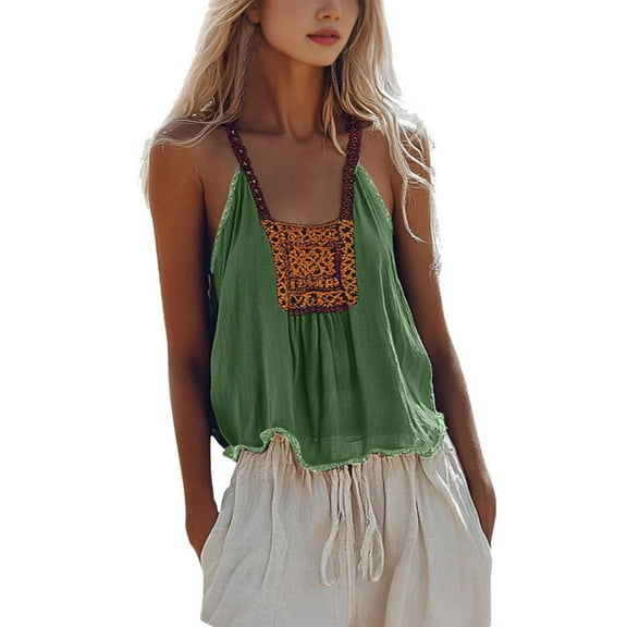 MOJOGO Basic Boho Camisoles for Women Embroidered Tank Tops wit Frayed Hem Casual Linen Tops for Resort Vacation Green 3XL
