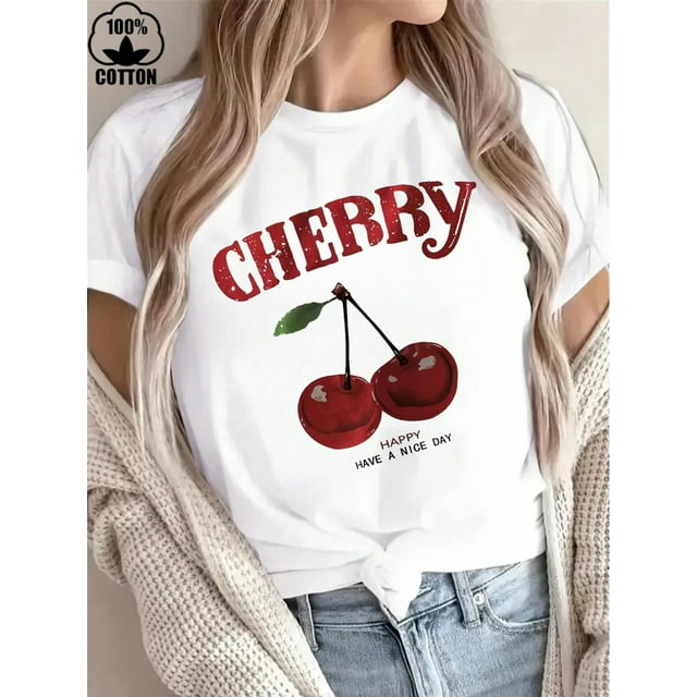 Camiseta informal de mujer con estampado de cerezas, cuello redondo y manga corta, de algodón, ideal para el día de San Valentín.