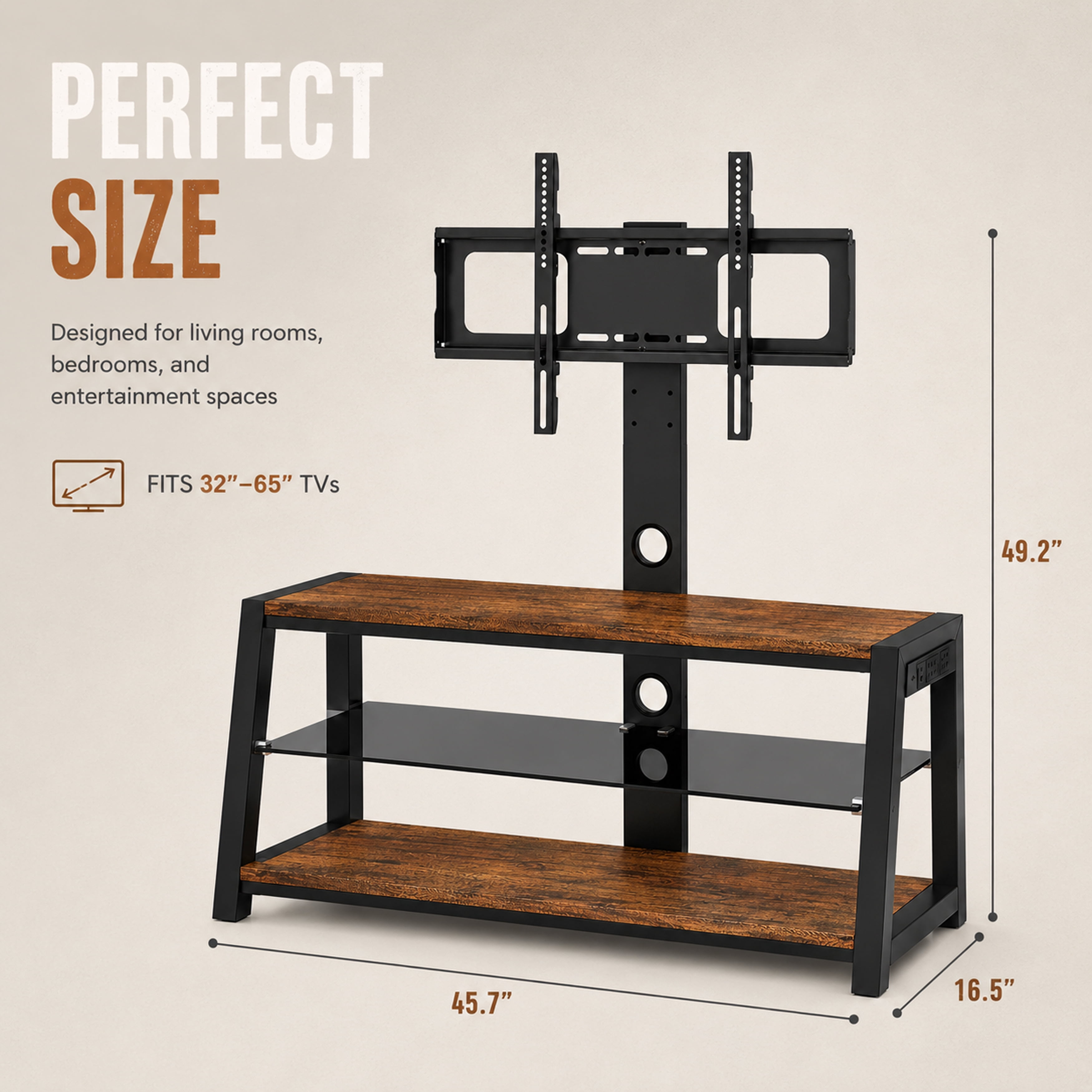 Wooden TV Stand with Swivel Mount, Height Adjustable Universal TV Floor Stand for 32-65 Inch TVs, 3-Tier Tempered Glass Entertainment Center with Power Outlet, Wire Management