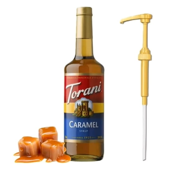 Torani Caramel Flavouring Syrup, 25.4 fl oz (750ml) Glass Bottle with Absol Gold Pump