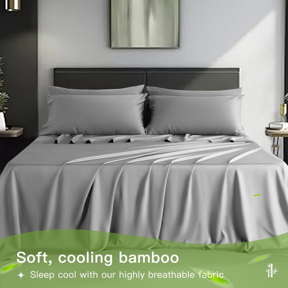 LJH001 4/6pcs Bamboo Bed Sheets Set, Luxury Silky Breathable Sheet Set, Ultra Soft Sheet for Hot Sleepers, 16" Deep Pocket, California King/King/Queen/Full