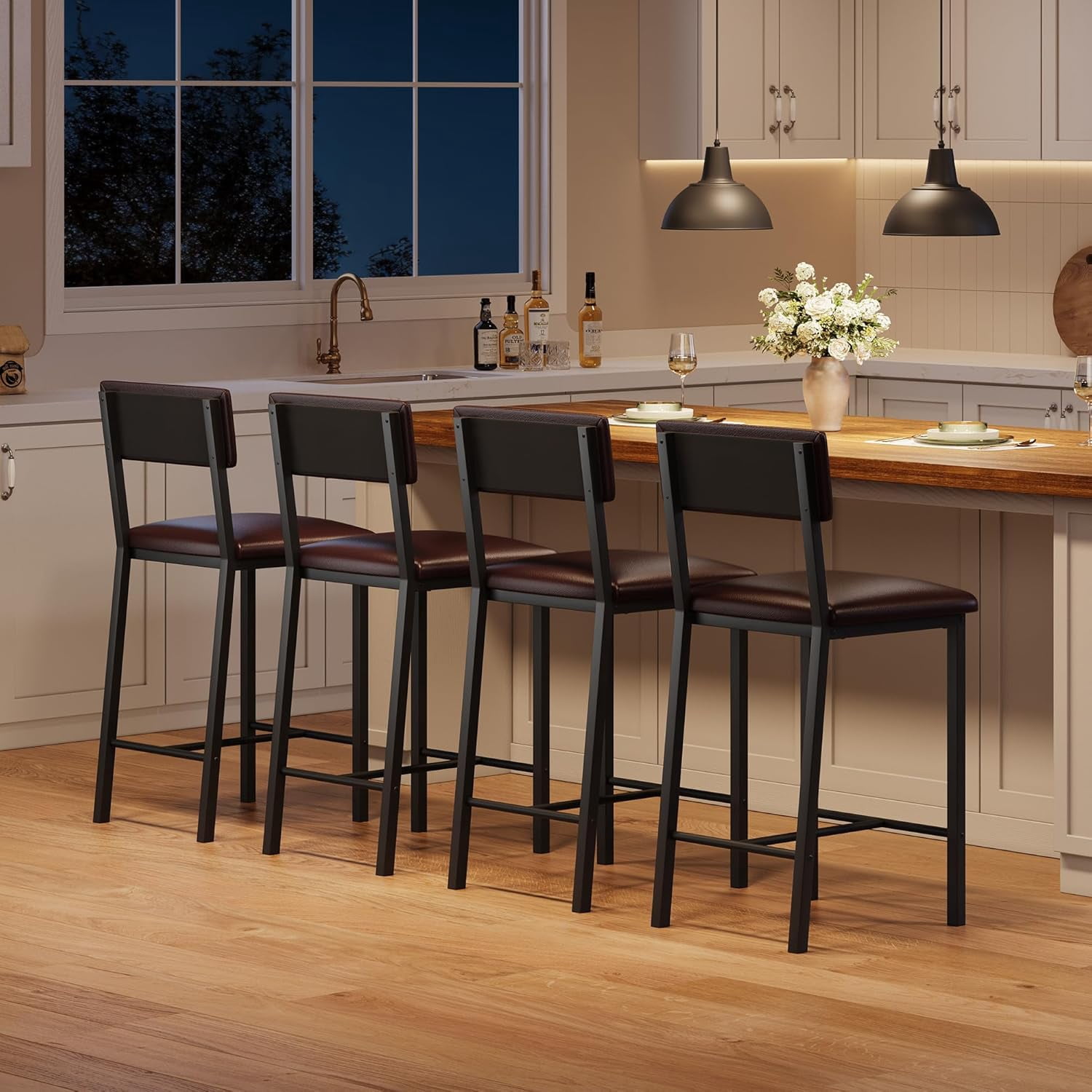 Bar Stools,25 Inch Counter Height Bar Stools Set of 4,Modern Faux Leather High Barstools with Footrest,Back and Metal Leg,Bar Chairs for Kitchen Island,Bar