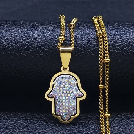 14K Yellow Gold White Crystal Fatima Hand Necklaces Women Hamsa Pendant Necklaces Jewelry main de fatma