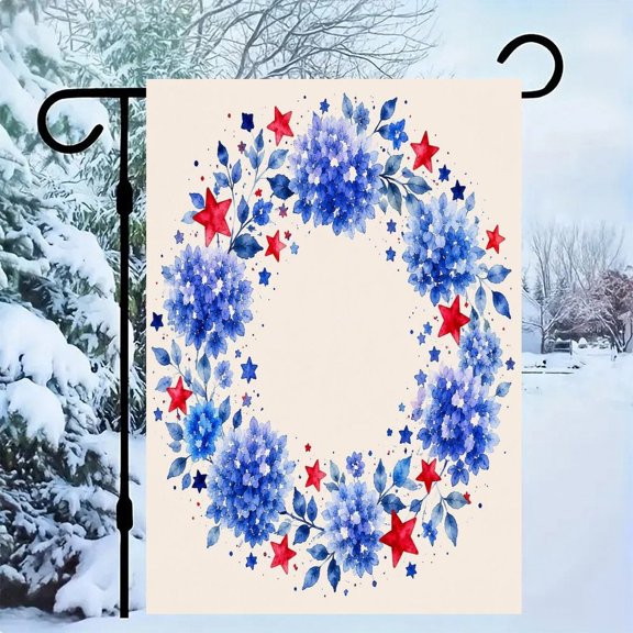 RKSupls Patriotic Linen Double Sided Garden Flag, Independence Day Themed Yard Decor, Hydrangea Wreath Red Stars Watercolor Outdoor Banner for Holiday Lawn