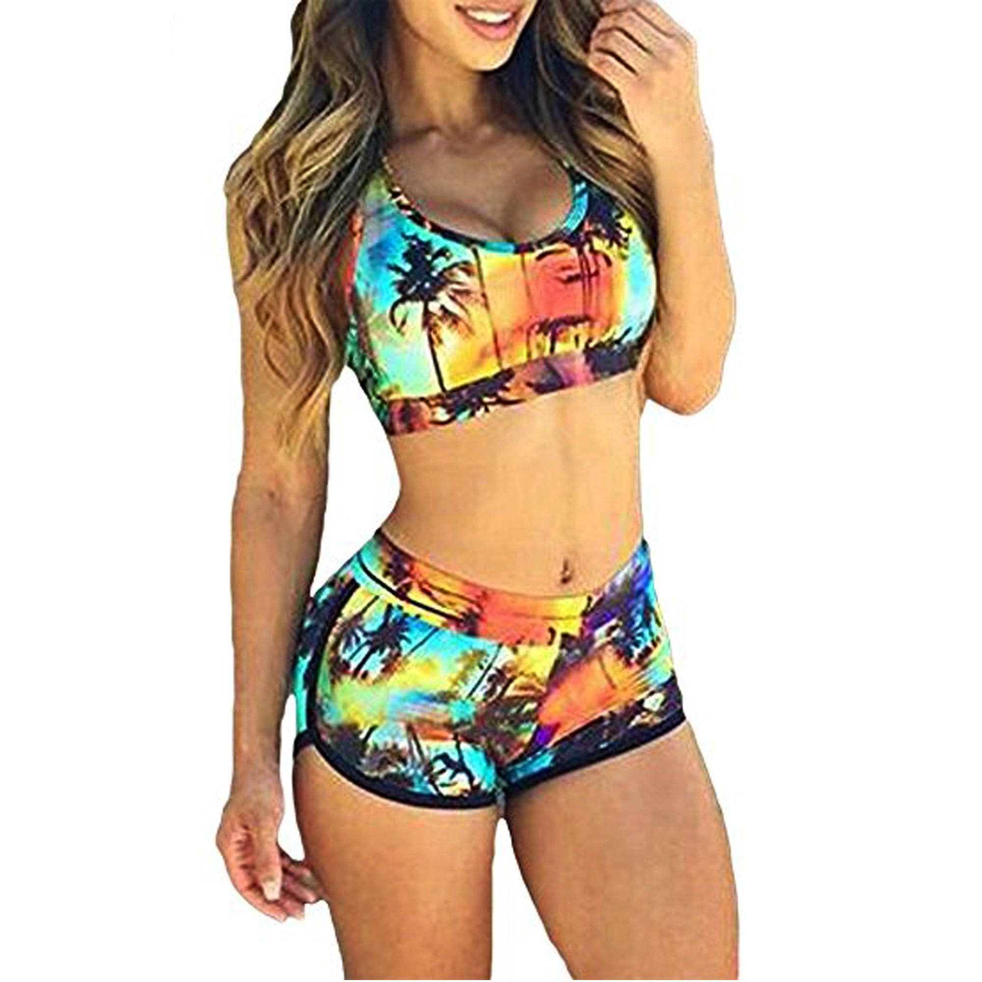 CMTOP Bikinis Set Swimsuit High Waisted Split Bow Swimwear Shorts-Style Swimming Costume Bathing Suits Two Piece Crop Tops Clothes Shorts Halter Neck Bra Chest Pad Womens Ladies