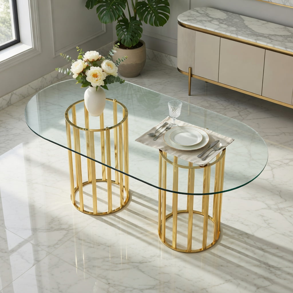 Hommoo 71-inch Oval Tempered Glass Dining Table with Double Column Base, Light Luxury Modern Design for 6-8 People, Scratch-Resistant & Easy-Clean Tabletop, Gold