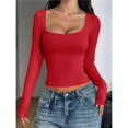 thumbnail image 4 of Camisas de Larga para Mujer, Tops Cortos, Cuello Cuadrado, Camisetas Básicas para Salir, Ropa de Invierno Y2K 2025 Rojo S, 4 of 7