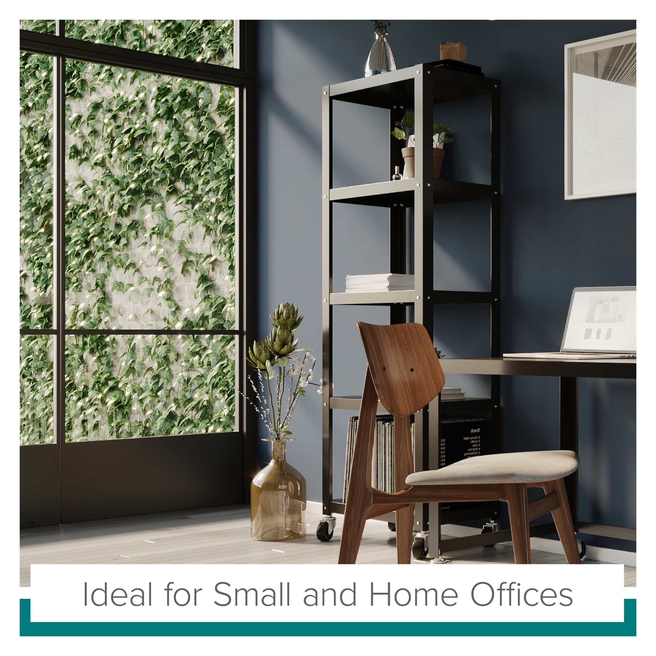 Office Dimensions 72" High Rolling 5 Shelf Bookcase, Industrial Metal, Black