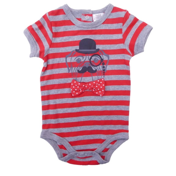 Infant Boys Red/Gray Striped Classy Pug Dog Bodysuit