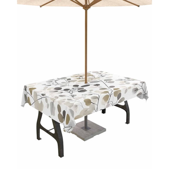 Fsddascl Grey Brown Botanical Outdoor Tablecloth - 60x84 Inch Rectangle Dining Table Cover, Watercolor Summer Leaf Spring Waterproof Outdoor Table Cloth with Umbrella Hole & Zipper for Picnic/Patio
