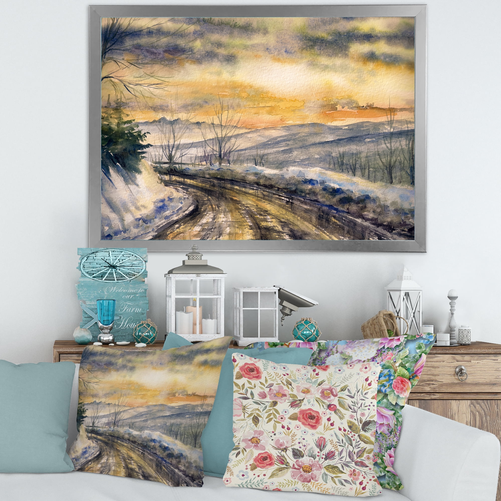Designart 'Road Under Bright Sunset With Winter Landscape' Traditional Framed Art Print